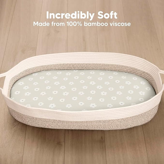 2-Pack Baby Bassinet Sheets Girl, Boy - 33x17 Viscose Derived from Bamboo Bedside Mattress Fitted Bassinet Sheets, Compatible with Halo Bassinest Swivel Sleeper, Baby Delight, Graco (Meadow)