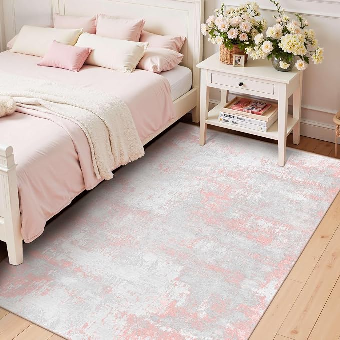 Latte&Fog 3x5 Entryway Pink Area Rugs, Modern Abstract Washable Rugs | - Image 4