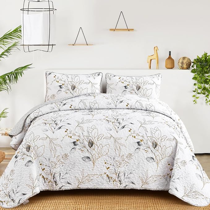 Anibedding Grey Quilt Set Queen, Botanical Bedspread by Anibedding
