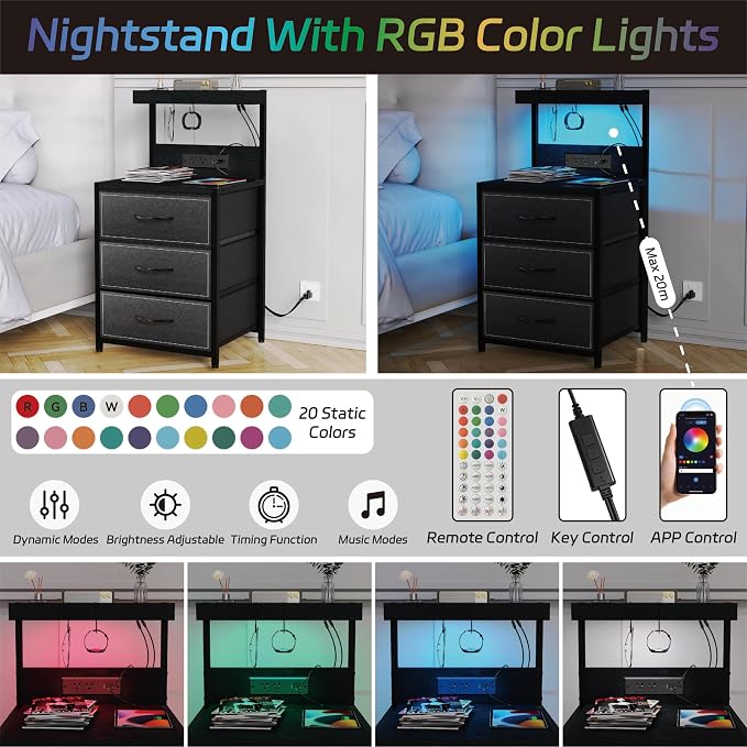 SZLHANJZ LED Nightstand Set of 2, 3 Fabric Drawers and Charging Station | Night - Image 7