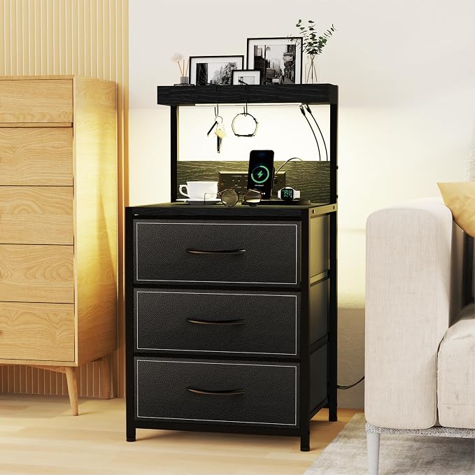 SZLHANJZ LED Nightstand Set of 2, 3 Fabric Drawers and Charging Station | Night - Image 5