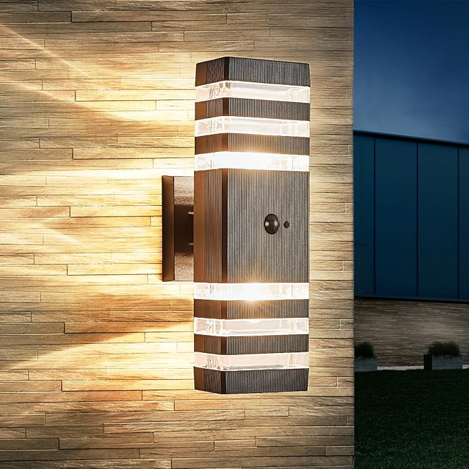Delicavy Motion Sensor Outdoor Wall Light Fixture Up Down Porch Lights Modern Dusk to Dawn Exterior Sconce Wall Mount Outside Coach Lantern for House Front Door Garage (Include 2 Free Dimmable Bulbs)