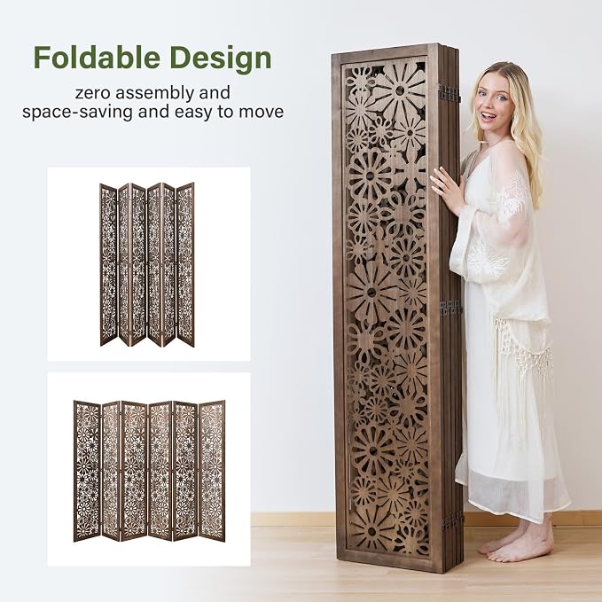 Folding Wood Room Divider Panel, 5.6 FT Tall Daisy-Carved Privacy Screen - Image 3