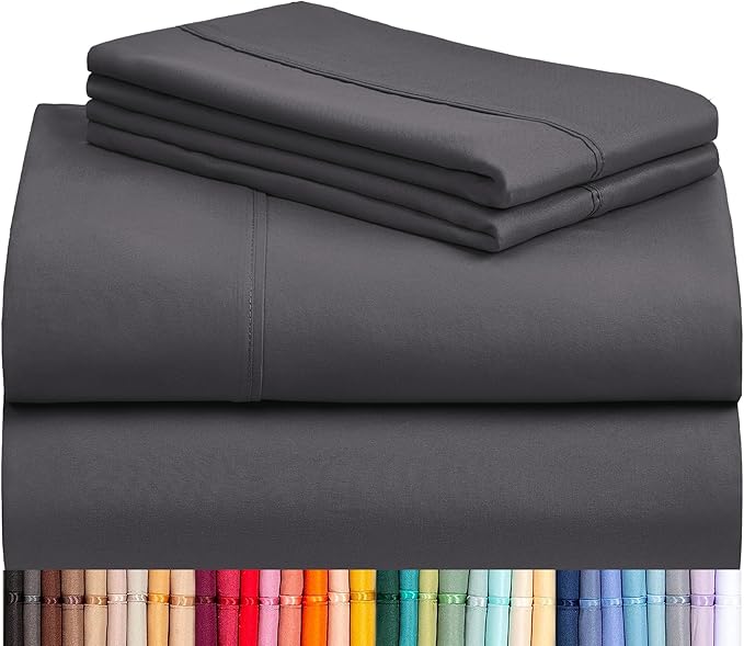 LuxClub 4 PC Queen Sheet Set, Deep Pockets Wrinkle Free Cooling Bed Sheets Hotel Bedding for Women, Men, Includes 1 Fitted Sheet, 1 Flat Sheet and 2 Pillowcases-Dark Grey