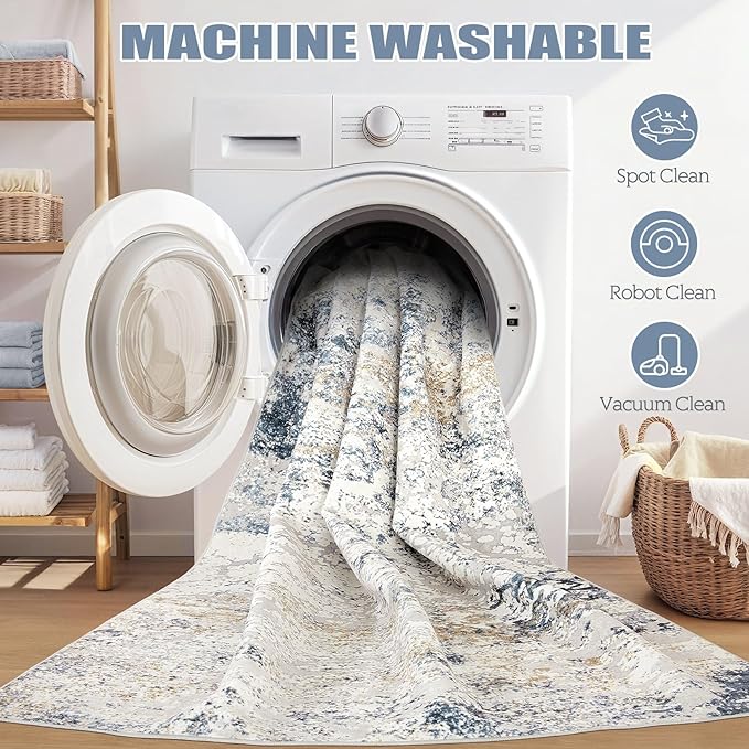 Square Area Rug Living Room Rugs - 5x5 Washable Large Soft Indoor Neutral Modern Abstract Low Pile Rug Carpet for Bedroom Dining Room Farmhouse Home Office - Beige Blue