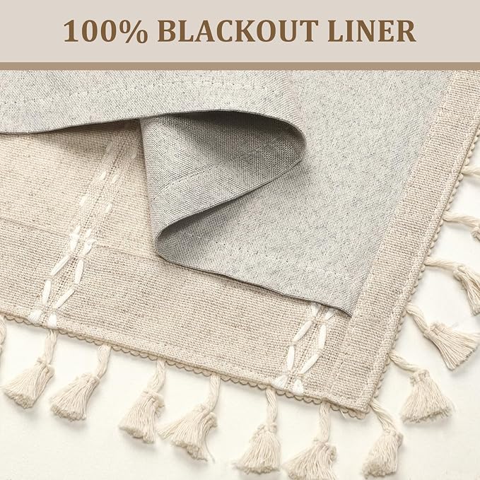 Boho 100% Blackout Curtains 63 Inch 2 Panels Linen Blend Beige | Vintage - Image 4