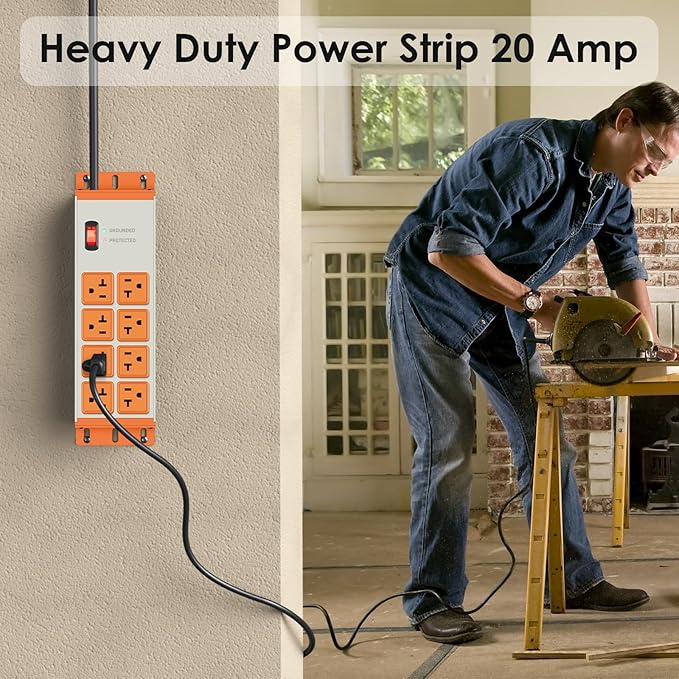 JUNNUJ Heavy Duty 20 Amp Surge Protector 4800J, Garage Metal 8 Outlets 12 Gauge, High Amp 5-15P Adapter Shop 6-20R T-Slot Industrial Outlet, 6 FT Extension Cord Commercial for Appliance, Grey