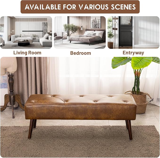 44 Inch Tufted Leather Bench, Leather Footrest Stool Bedroom Bench Seat - Image 7