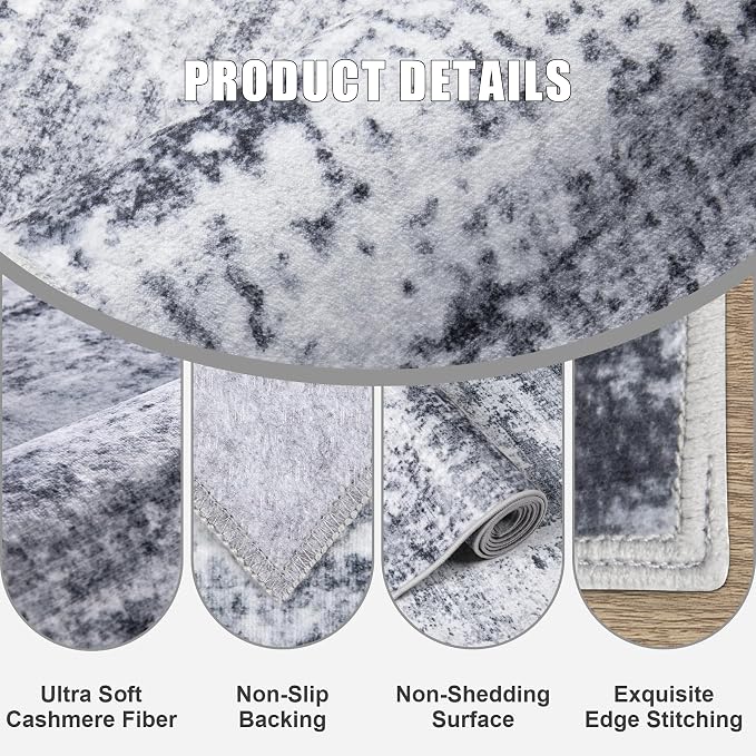 3x8 Washable Runner Rug：Modern Abstract Kitchen Soft Carpet Grey | - Image 6