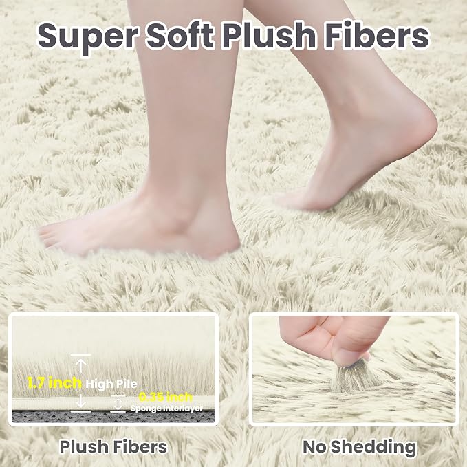 5x8 Fluffy Shag Area Rugs for Living Room Bedroom: Soft Carpet Cream White | - Image 5