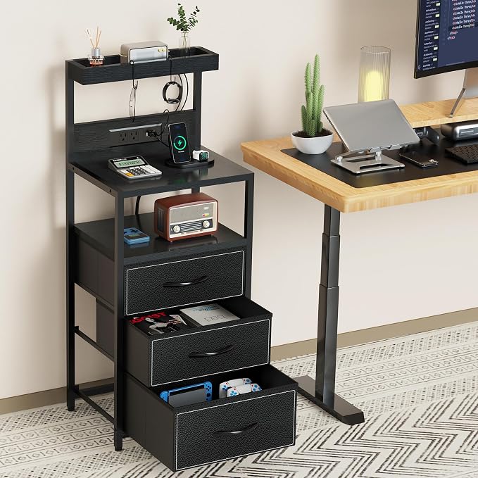 SZLHANJZ LED Nightstand with Charging Station, 3 Fabric Drawers, Storage Side - Image 4