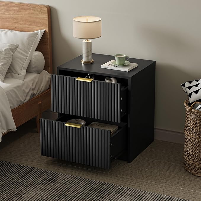3-Piece Dresser Bedroom Set, 7 Drawer Dresser & 2 Drawer Nightstands with Gold Handles, Fluted Wood Chest of Drawers for Bedroom, Living Room, Entryway, Black