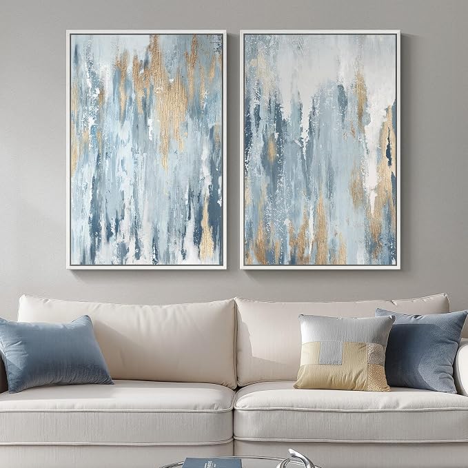 Large White Framed Blue and Gold Abstract Wall Art by Cuspin