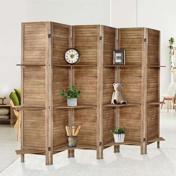 Room Divider with Shelves, 6 Panel Brown Privacy Screen | Partition Room by AMBITION+LAND