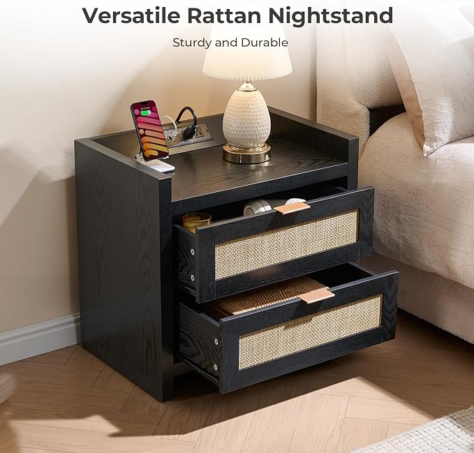 SICOTAS Rattan Nightstands Set of 2 : Bedside Table - Image 4