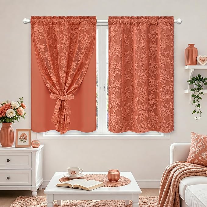 Yinhua Terracotta Kitchen Curtains 36 Inch Length Double Layer Curtain - Image 2