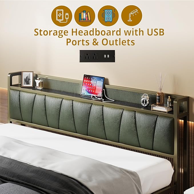 LIKIMIO California King Bed Frame, Storage Headboard with Charging Station, Solid and Stable, Noise Free, No Box Spring Needed, Easy Assembly (Dark Green)