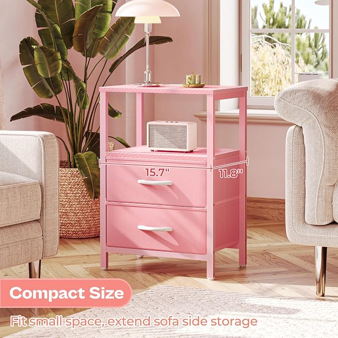 Huuger Nightstand with Charging Station, Side Table with Fabric Drawers | End - Image 7