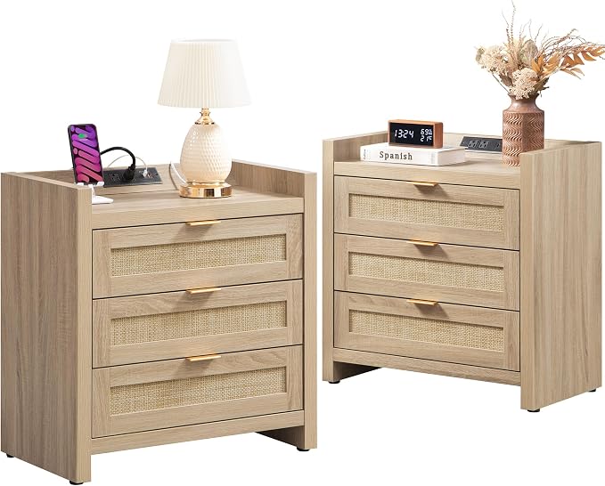 SICOTAS Rattan Nightstands Set of 2, Tall Bedside Table by SICOTAS