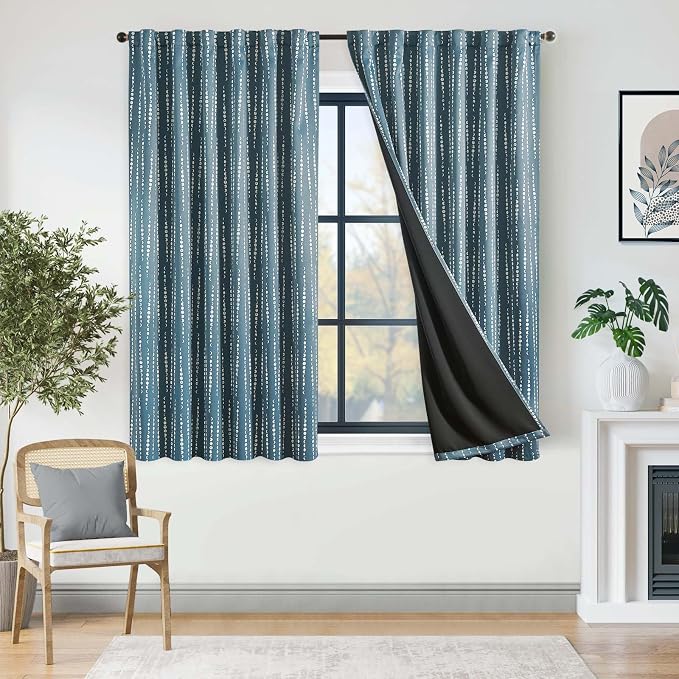 jinchan Boho Blackout Curtains 63 Inch Length Moon Phase Printed Drapes | Blue - Image 2
