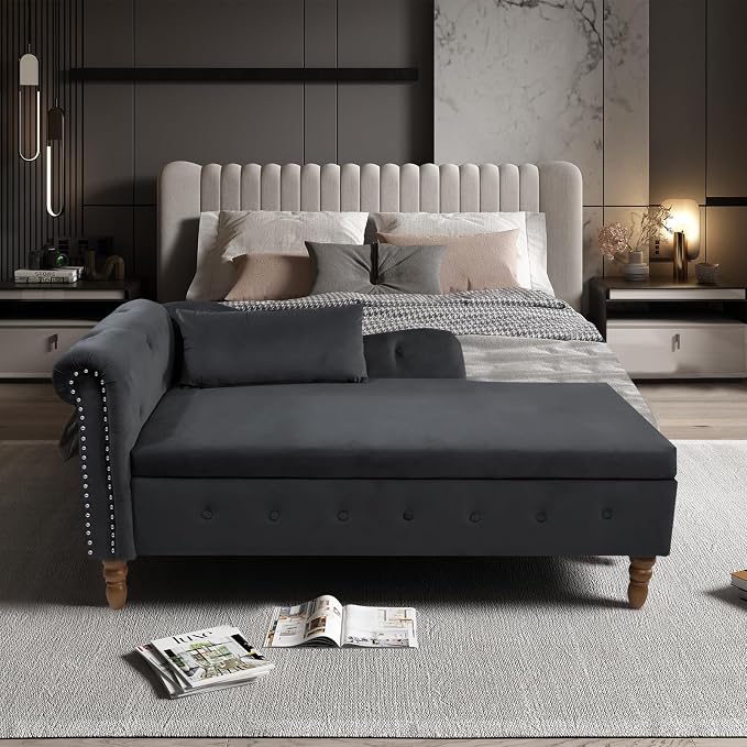 Aoowow Velvet Bedroom Storage Bench End of Bed, Rolled Arm Couch Indoor Chaise - Image 6