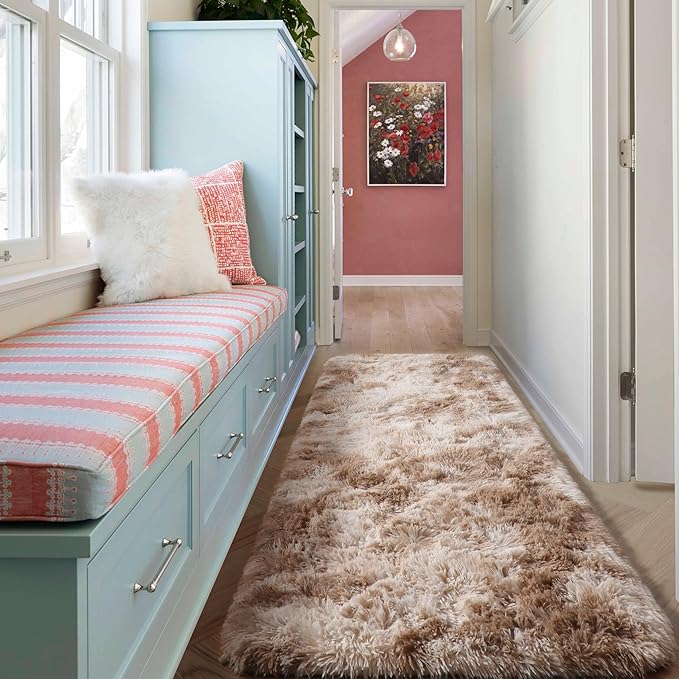 Runner Rugs for Bedroom Living Room, Tie-Dyed Beige 2x6 Bedside Hallway Fluffy - Image 5