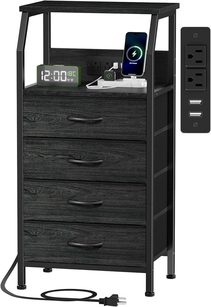 Tall Night Stand with Charging Station, 4 Drawers Bedside Table | Small Black by Furnulem