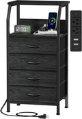 Tall Night Stand with Charging Station, 4 Drawers Bedside Table | Small Black by Furnulem