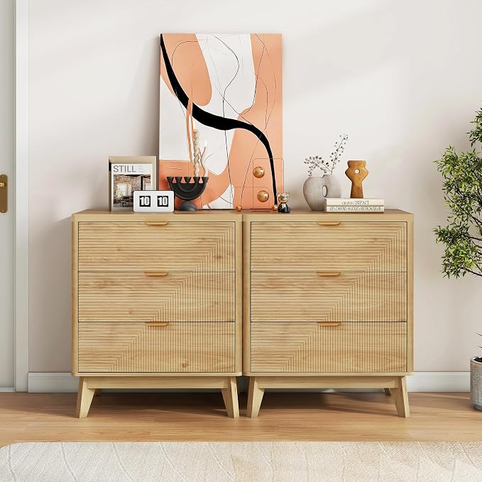 LYNCOHOME 3 Drawer Fluted Nightstand, Modern Wood Night Stand - Image 7