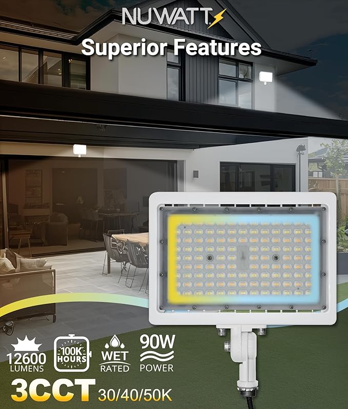 NUWATT 90W LED Flood Light, 3CCT 3000K/4000K/5000K Selectable, IP65 Waterproof Lighting, Adjustable Knuckle Mount, 12600LM, 0-10V Dimmable, 120-277V, Outdoor Security Floodlight for Yard, White, UL