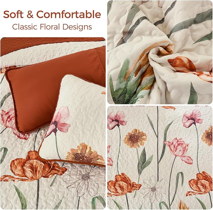 WONGS BEDDING Floral Quilt Set King, Shabby Chic Terracotta Cream Floral - Image 5