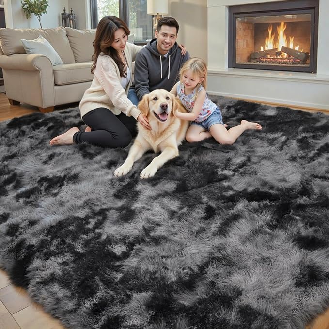6x9 Shag Area Rug for Living Room, Dark Grey Tie-Dyed Plush Fluffy Carpet | - Image 3