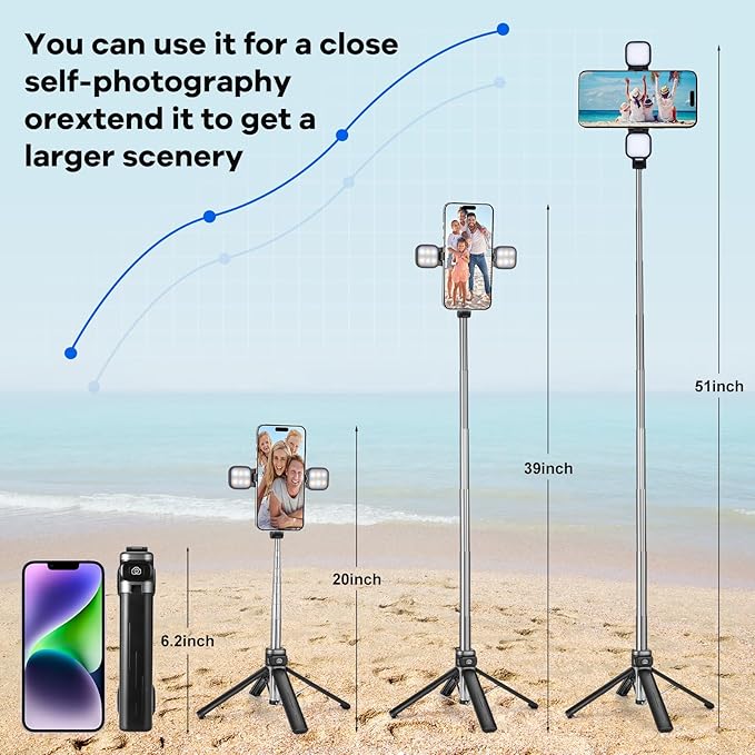 MQOUNY Mini iPhone Tripod Stand & Selfie Stick with Wireless Remote & Removable Light, Extendable Stand 360 Rotation Compatible with iPhone & Android Samsung (Black)