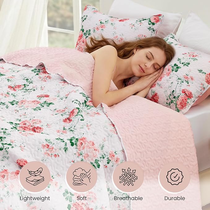 EXQ Home Printed Quilt Set Full Queen Size Pink Daphne Bedspread Set | Bedding - Image 3