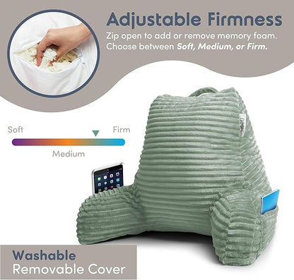 Nestl Reading Pillow with Shredded Memory Foam, Luxe Cut Plush Back Pillow for Sitting Up in Bed, Back and Arms Adjustable Support for Adult & Teens, Backrest Pillows with Washable Cover Sage Green