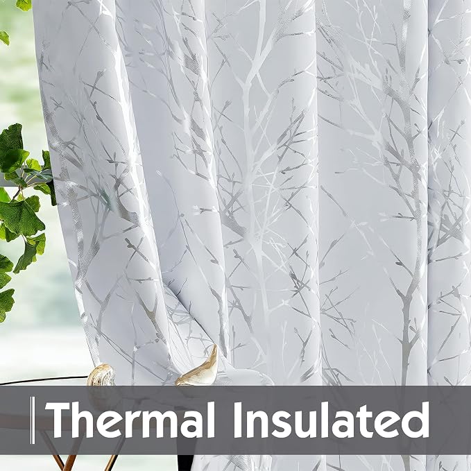 FMFUNCTEX 100% Blackout Ivory Silver Foil Tree Curtains 84 Inch 2 Panels | - Image 5