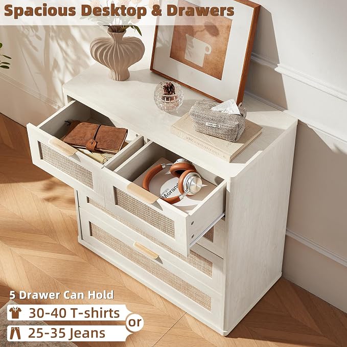 LEYAOYAO Rattan Dresser for Bedroom, 33.5" Small Chest of Drawers | Gold Metal - Image 6
