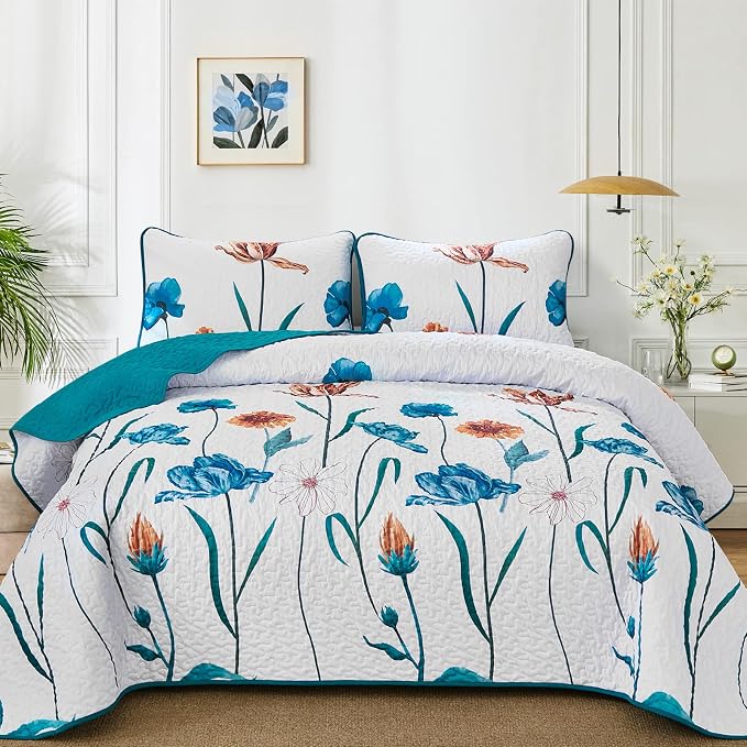 WONGS BEDDING Floral Quilt Set King, Shabby Chic Teal Floral Botanical Pattern by WONGSBEDDING