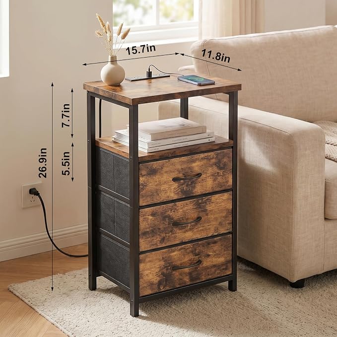 Fixwal Night Stand with Charging Station, 3 Fabric Drawers, Rustic Brown | - Image 3