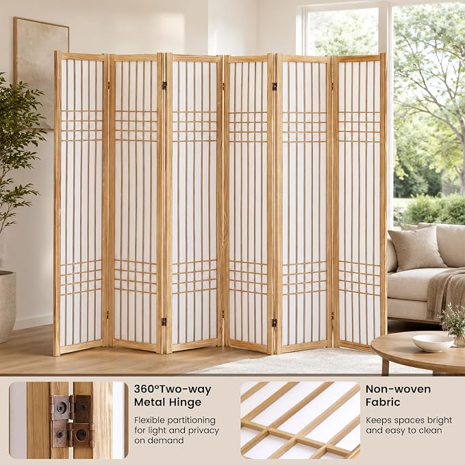 6 Panel Room Divider, 66.9" Tall Folding Privacy Screen, Natural | Shoji Screen - Image 2