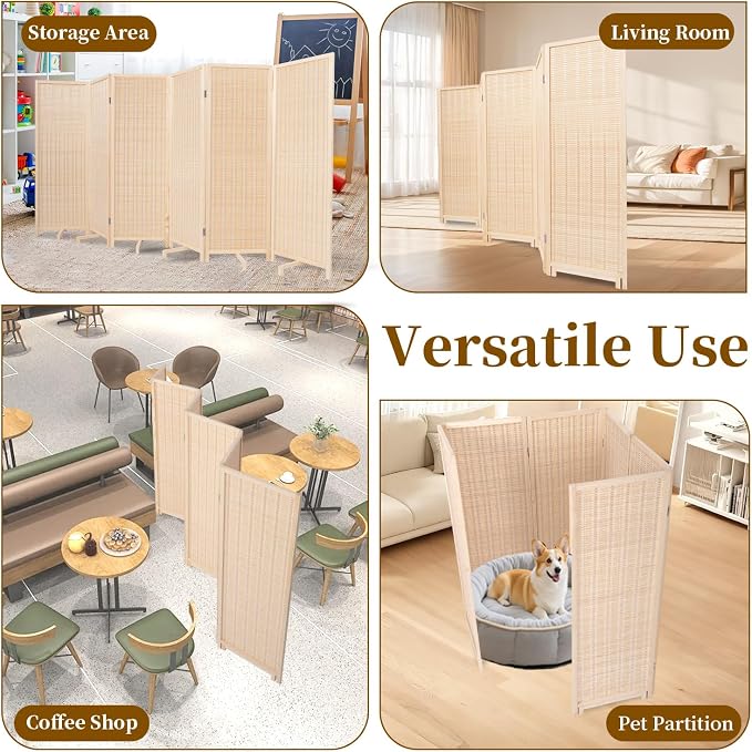 Bamboo Room Divider 6 Panel 47" H, 360°Rotating Feet Privacy Screen, Portable - Image 7