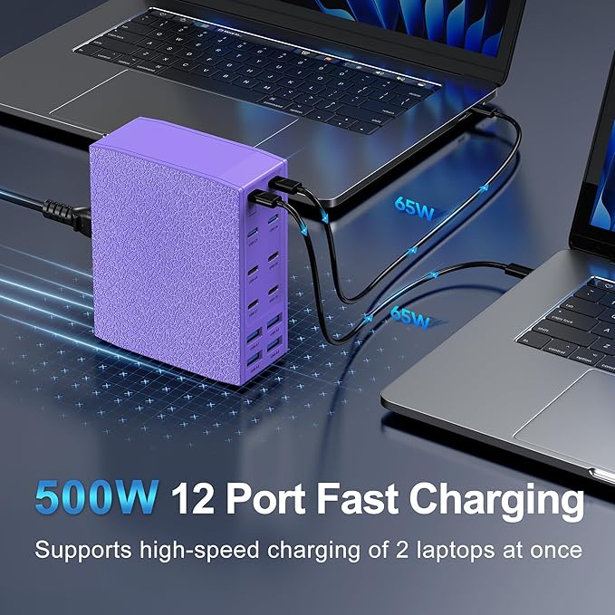 500W USB C Charger Block, 12-Port USB C Charging Station for Multiple Devices, Leather Texture Dual PD 65W Laptop Fast Charger Compatible with MacBook Pro/Air, iPad, iPhone,Galaxy and More,Purple