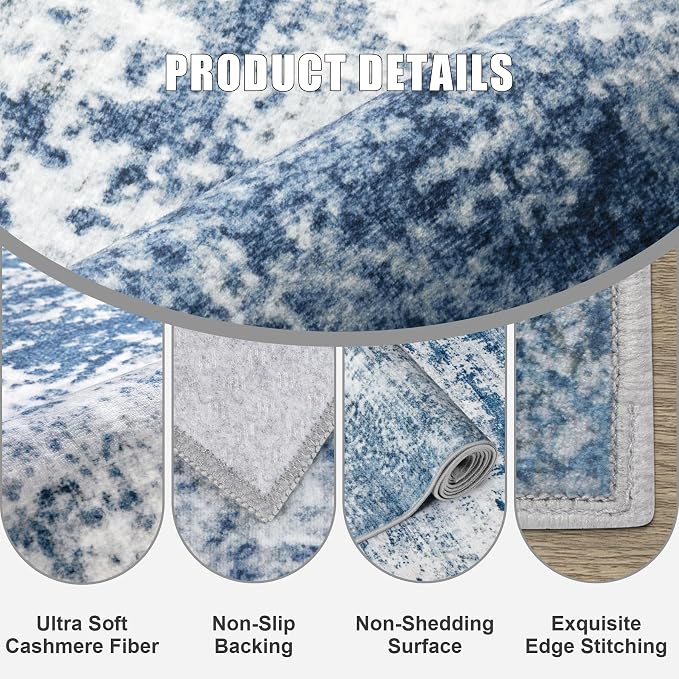 Area Rug Living Room: 5x5 Modern Washable Indoor Soft Carpet Blue | - Image 6
