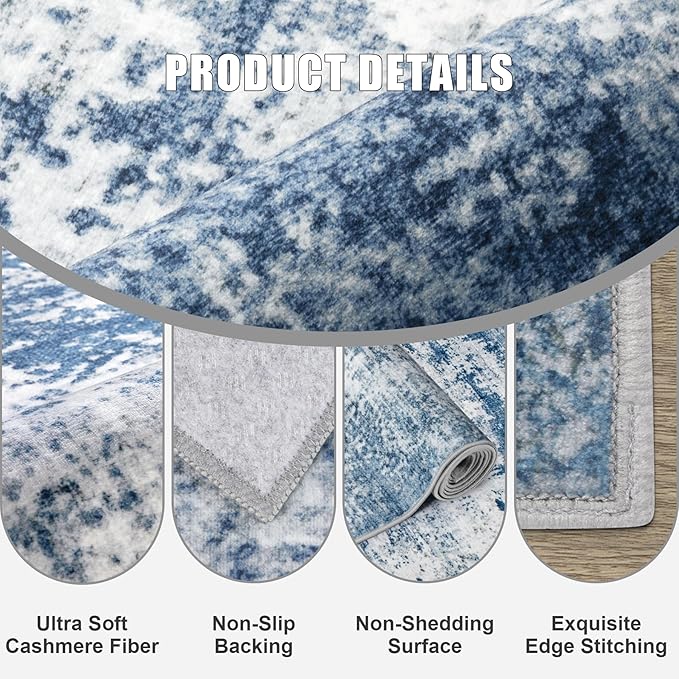 Round Area Rug Living Room: 6 ft Modern Washable Carpet Blue | - Image 5