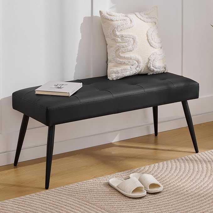 LOULENS Faux Leather Entryway Bench, Modern Upholstered Bench, Matte Black | - Image 2