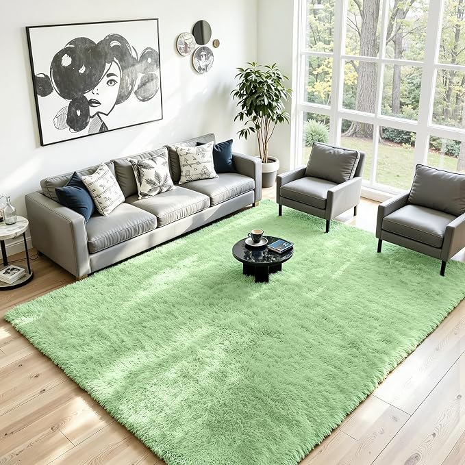 8x10 Fluffy Area Rug for Living Room: Non-Slip Light Green Bedroom Carpet | - Image 2