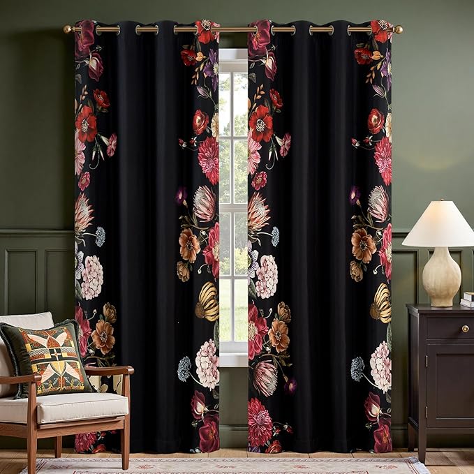 jinchan Black Floral Blackout Curtains 84 Inch Vintage Grommet 2 Panels | Room by JINCHAN