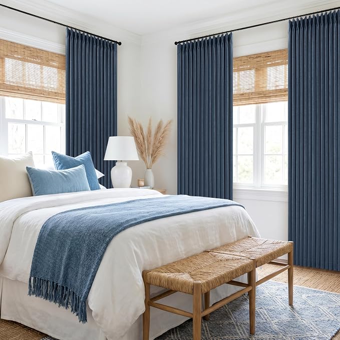 Navy Blue Pinch Pleated Linen Blend Full Blackout Curtains 86 Inch Length | - Image 8