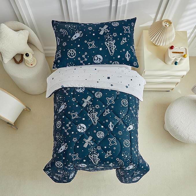 4 Pieces Toddler Bedding Set for Boy,Space Toddler Bed Comforter Set,Soft and Breathable Microfiber Crib Sheet Set,Includes Quilted Comforter, Flat Top Sheet, Fitted Sheet, Envelope Pillow Case -Blue