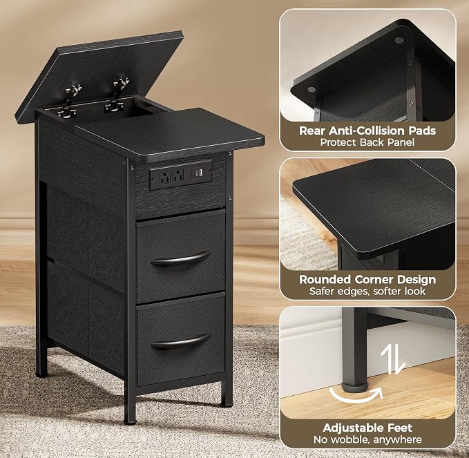 Huuger Narrow End Table with Charging Station, Side Table with 2 Drawers | Slim - Image 9